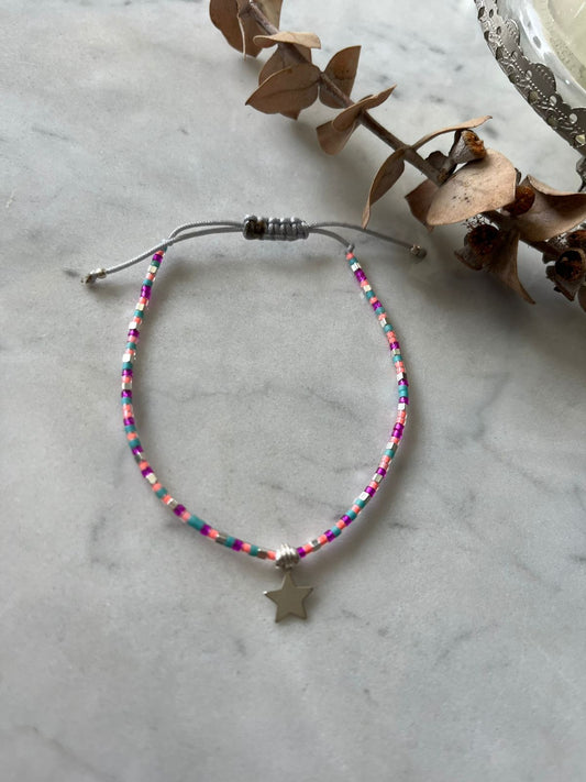 Pulsera de hilo, multicolor estrella plata