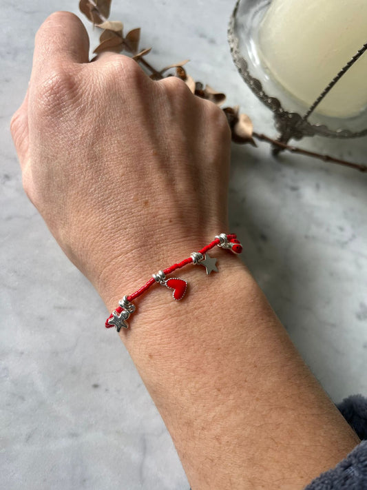 Pulsera de cristales rojos con dijes y detalles en plata 🔴⭐🐞❤️👦✨