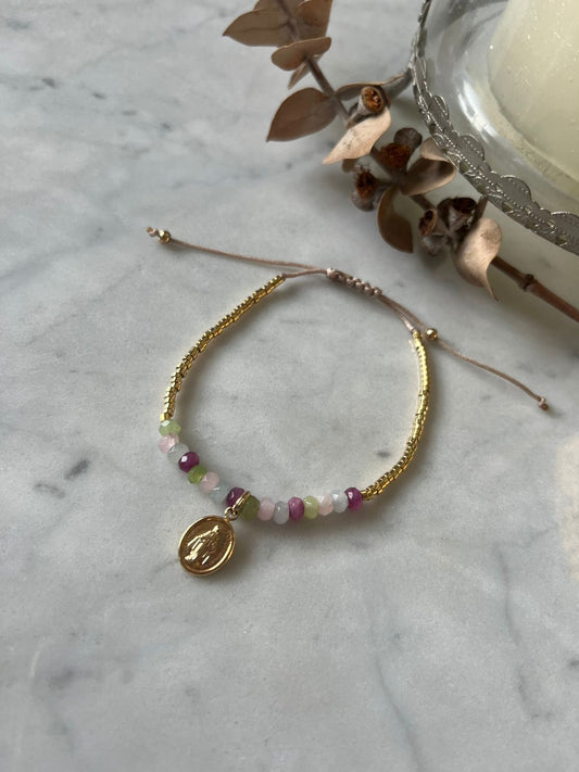 Pulsera Virgen de los Rayos con Ágatas y Baño de Oro 24K, ajustable de 15cm a 20cm