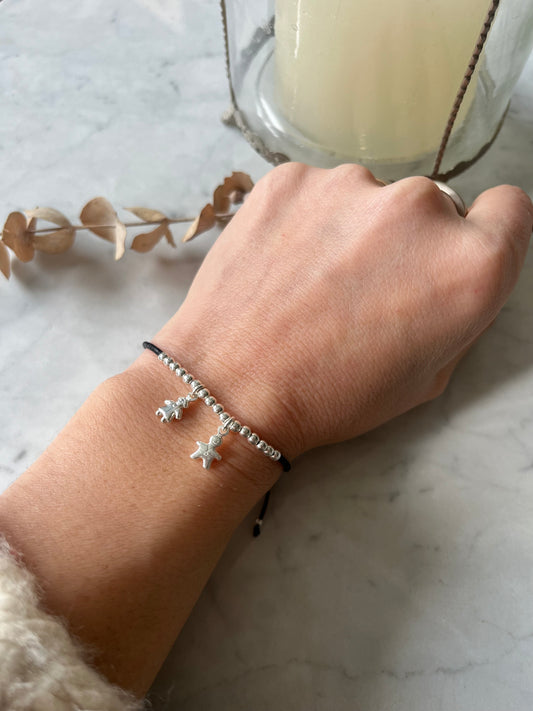 Pulsera niña y niño , bolitas de plata con hilo negro