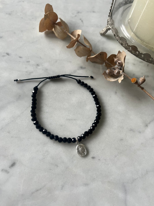 🖤 Pulsera cristales negros con Virgen de Guadalupe en plata