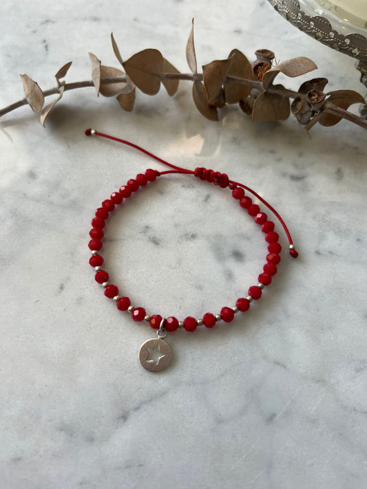 Pulsera hilo rojo de protección de cristales rojos con detalles y estrella de plata, ajustable de 15cm a 20cm