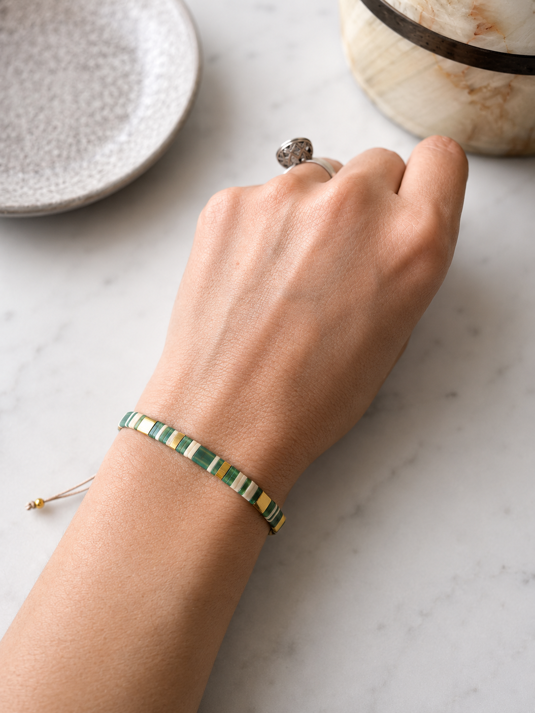 Pulsera de tila colores Bosque – Cristales Japoneses | Baño de Oro 24K