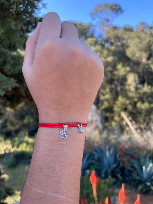 Pulsera hilo rojo cristales rojo, patita y corazón