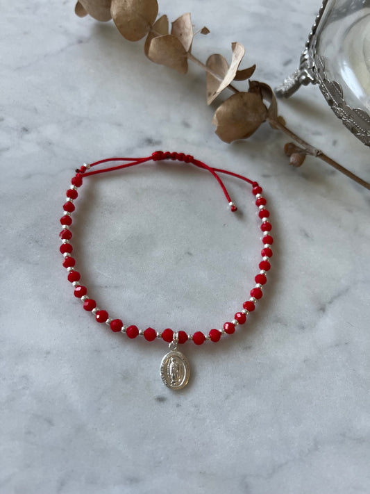🔴 Pulsera hilo rojo de protección  con Virgen de Guadalupe en plata