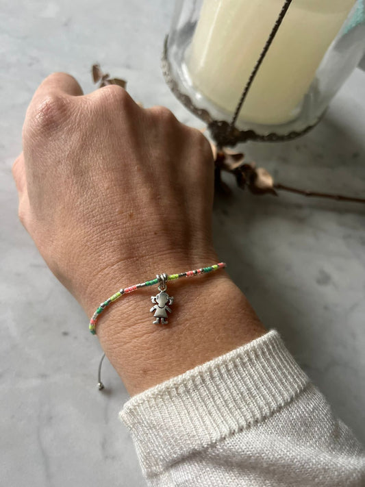 Pulsera hilo gris cristales flúor, niña de plata, ajustable de 15cm a 120cm
