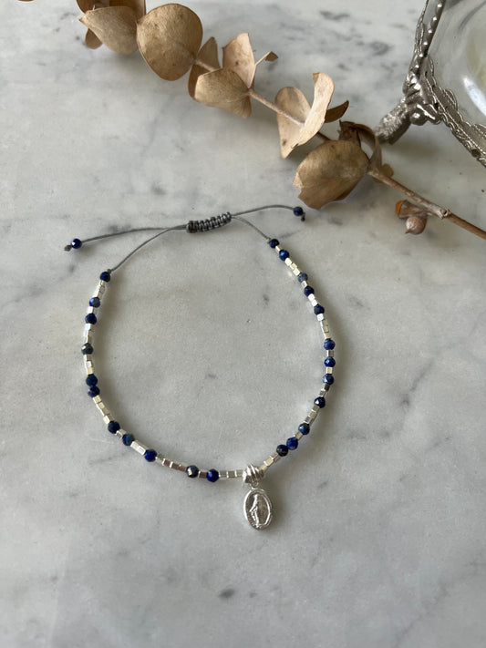 💙 Pulsera de lapislázuli con Virgen de los Rayos en plata