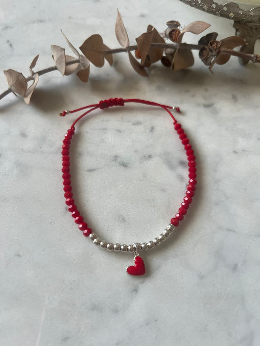 Pulsera de protección hilo rojo con cristales y corazón en plata ❤️🔴🤍✨