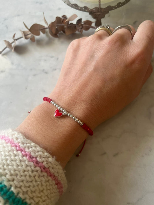 Pulsera de protección hilo rojo con cristales y corazón en plata ❤️🔴🤍✨