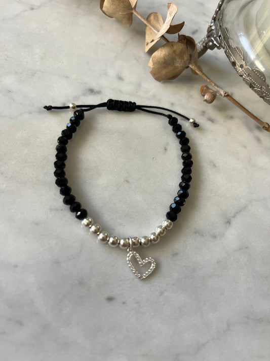 🖤 Pulsera corazón circones en plata y cristales negros