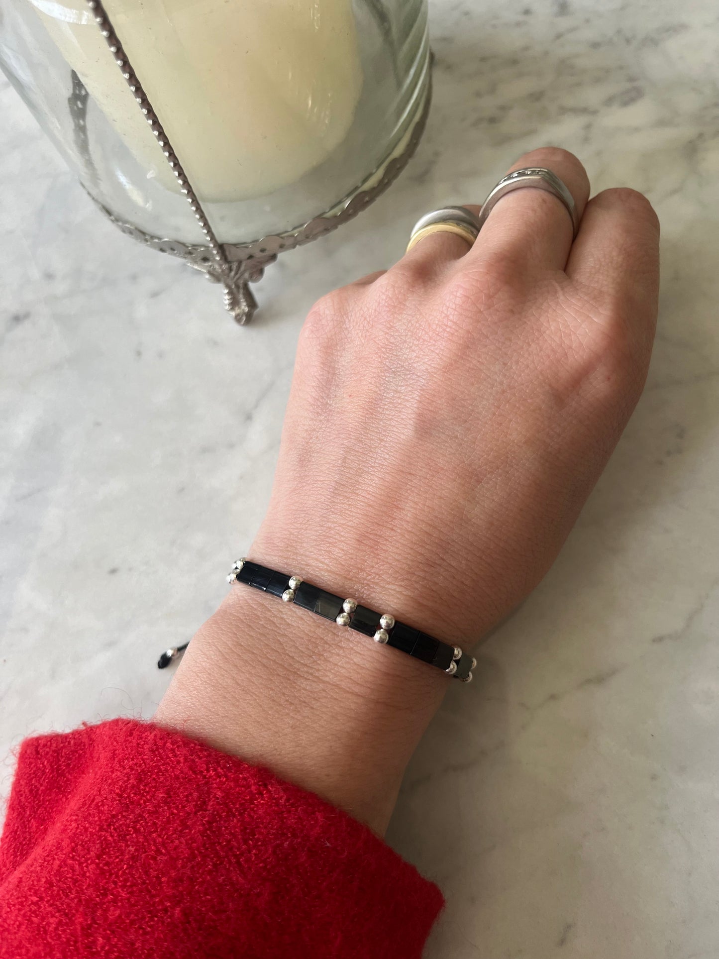 Pulsera Cristal Negro con Plata