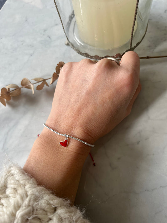 Pulsera Hilo Rojo Corazon rojo bolitas plata