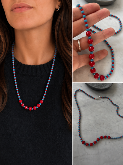 Collar Coral Celeste – Cristales Azulados y Coral Teñido | Broche de Plata