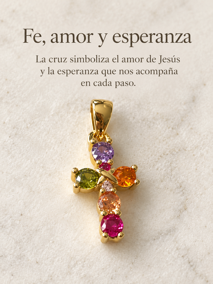Dije cruz de colores baño de oro con circones de colores