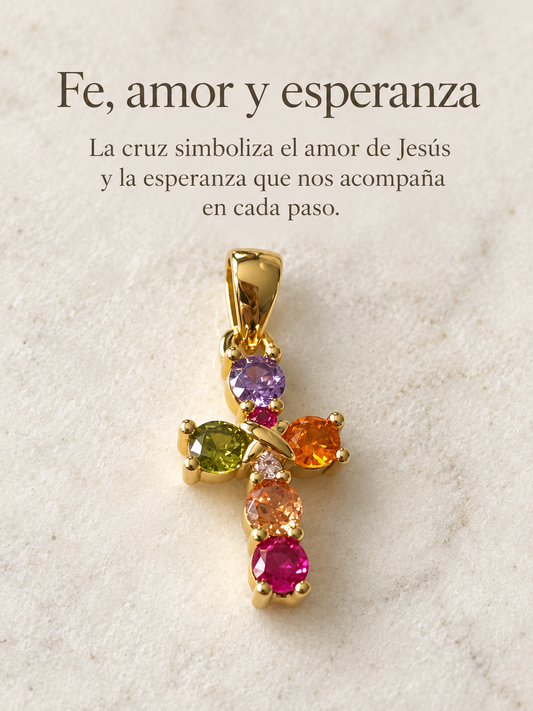 Dije cruz de colores baño de oro con circones de colores