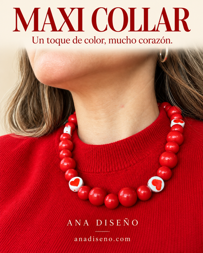 Maxi collar rojo con corazones y broche de plata – Rojo Amor – Ana Diseño (foto 1)