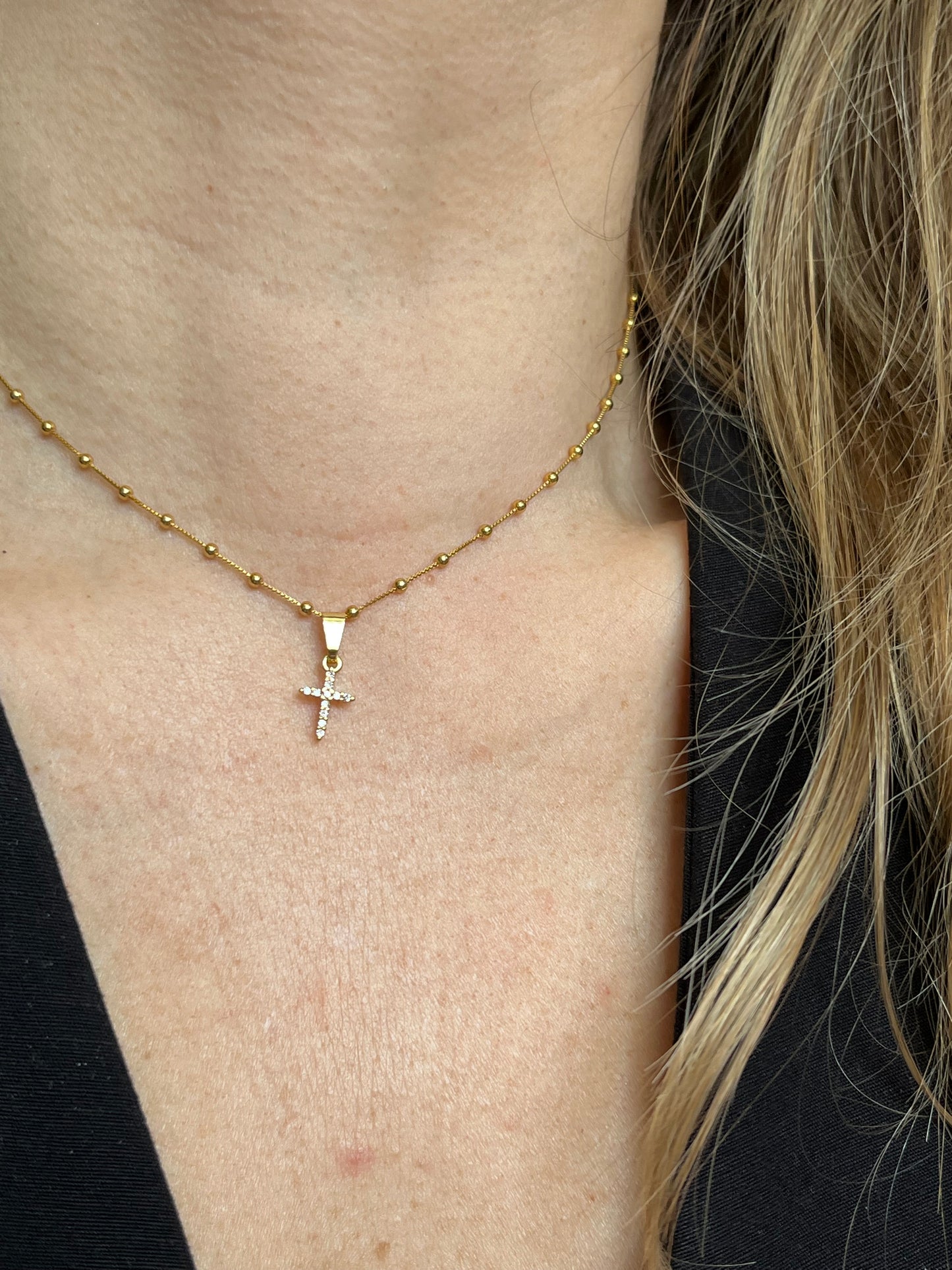 Cadena veneciana bolita 40cm con cruz circones