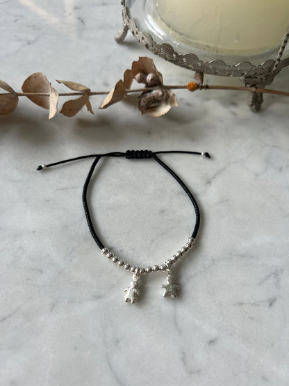 Pulsera niña y niño , bolitas de plata con hilo negro