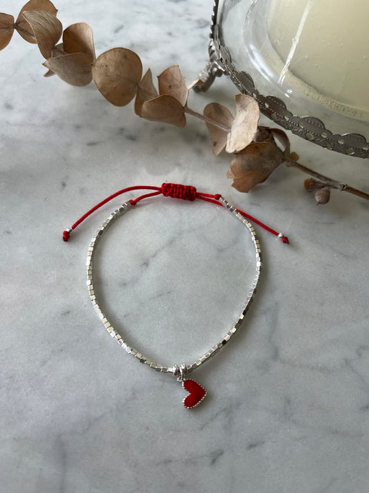 ❤️ Pulsera Amor Mini – Plata con dije de corazón rojo