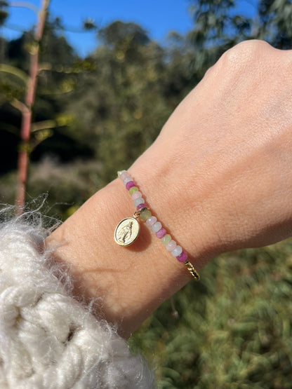 Pulsera Virgen de los Rayos con Ágatas y Baño de Oro 24K, ajustable de 15cm a 20cm
