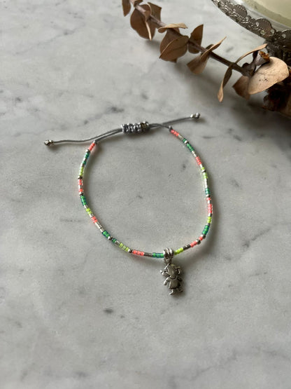 Pulsera hilo gris cristales flúor, niña de plata, ajustable de 15cm a 120cm