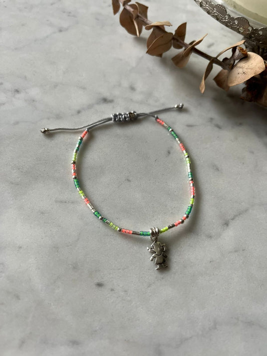 Pulsera hilo gris cristales flúor, niña de plata, ajustable de 15cm a 120cm